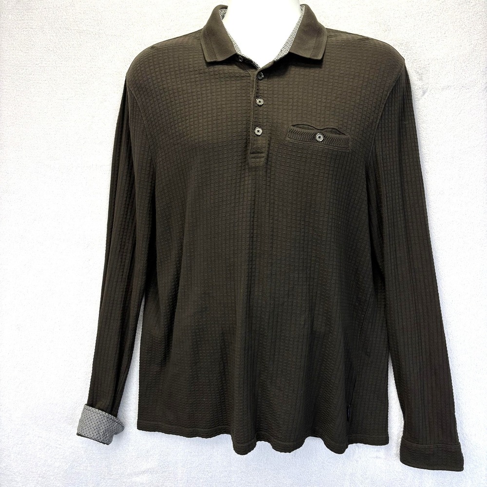 Ted Baker London Long Sleeve Waffle Polo Shirt 5 Mens XL Brown Collared Henley